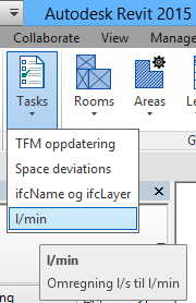 For oppdateringer av verdier må du først kjøre dimensjonering-, eller trykkfallsberegning (balancing) i MagiCAD. Deretter NTItools task l/min.