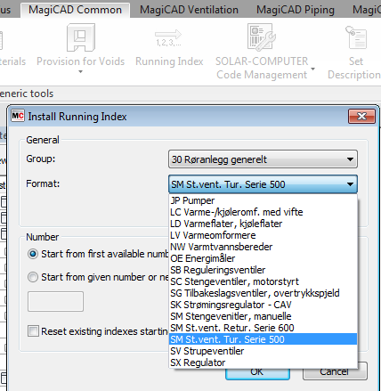 Løpenummer opprettes med Running Index i MagiCAD.