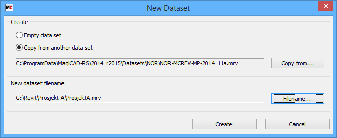 2. Dataset Når du oppretter et nytt prosjekt skal dette kobles til en dataset-fil. Dette gjør du med Dataset-funksjonen som du finner på MagiCAD-Commonmenyen. Velg New Dataset.