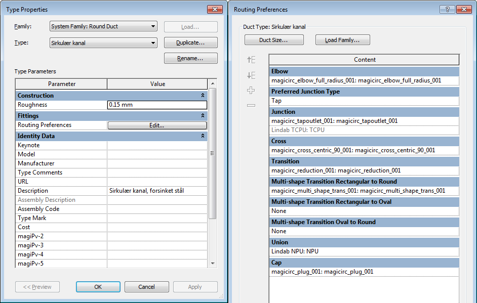 Opplysninger om kanaldeler finnes under Routing Preferences. Det er lagt inn både påstikk (tap) og T-stykke (tee) under Junction.