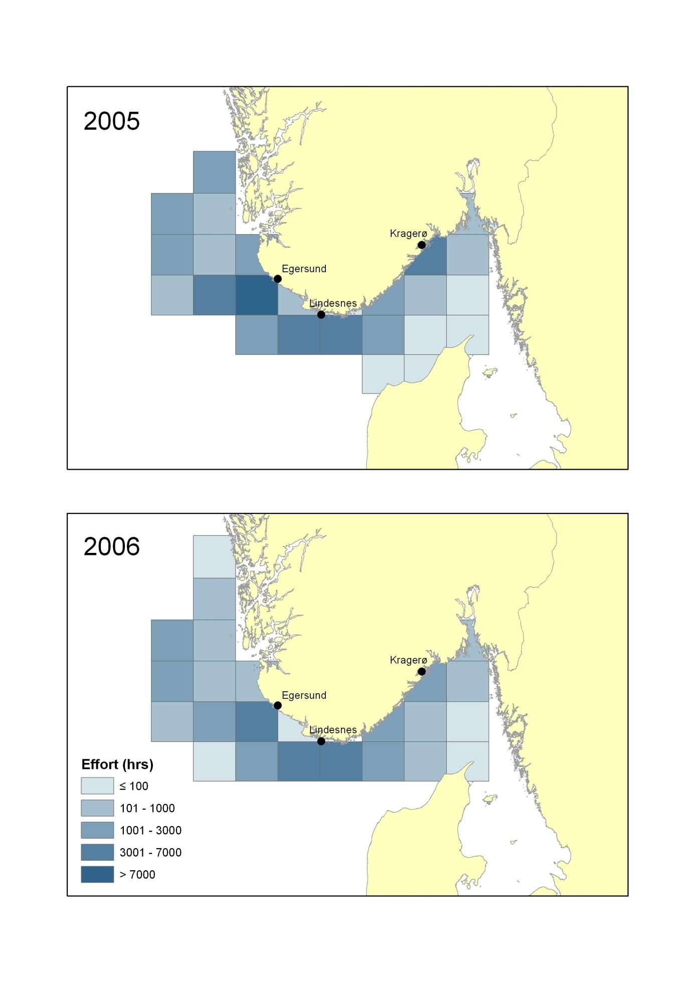 Figur 14 Innsatsen i rekefisket per statistisk lokasjon i 2005 og 2006.