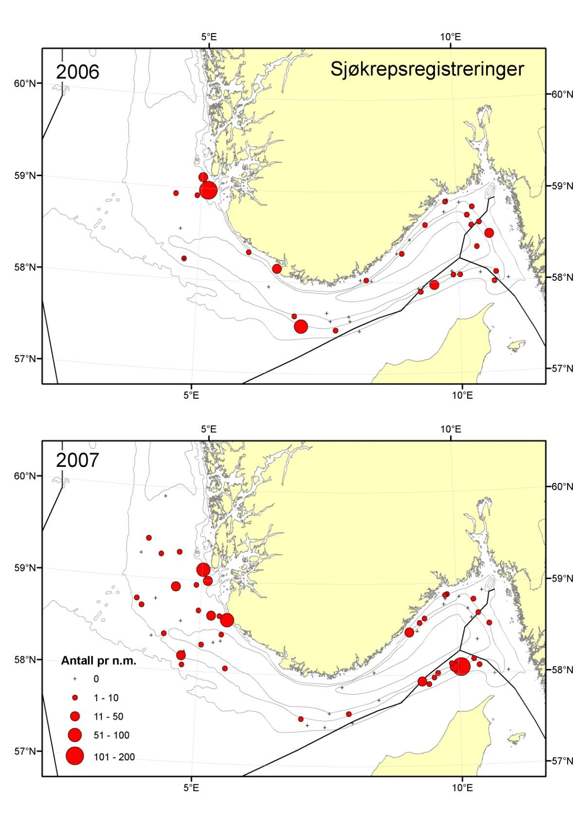 Figur 15 Tetthet (antall/nm) av sjøkreps fra Havforskningsinstituttets reketokt i Nordsjøen og Skagerrak, februar 2006 og 2007.