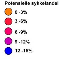 Potensialet for sykling på arbeidsreiser er størst for bosatte innenfor 10 min sykkelavstand til sentrum Med tanke på at økt sykling