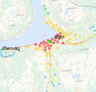 Nedenfor er det illustrert sykkelavstand til et utvalg av de større sentrene i regionen, målt langs eksisterende vegnett