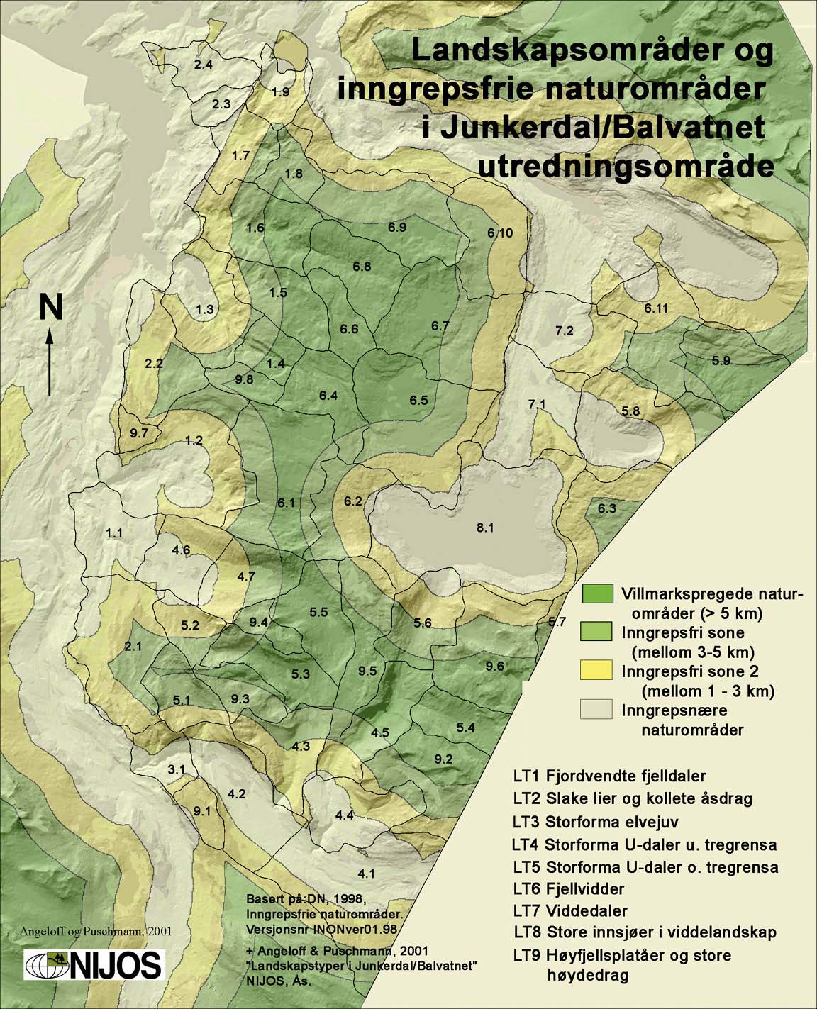 Kartlegging av landskap i samband med bruks- og verneplan for Junkerdal/Balvatnet området Kart 2: Landskapsområder og inngrepsfrie naturområder (soner) i Junkerdal/Balvatnet utredningsomr. LT1; 1.