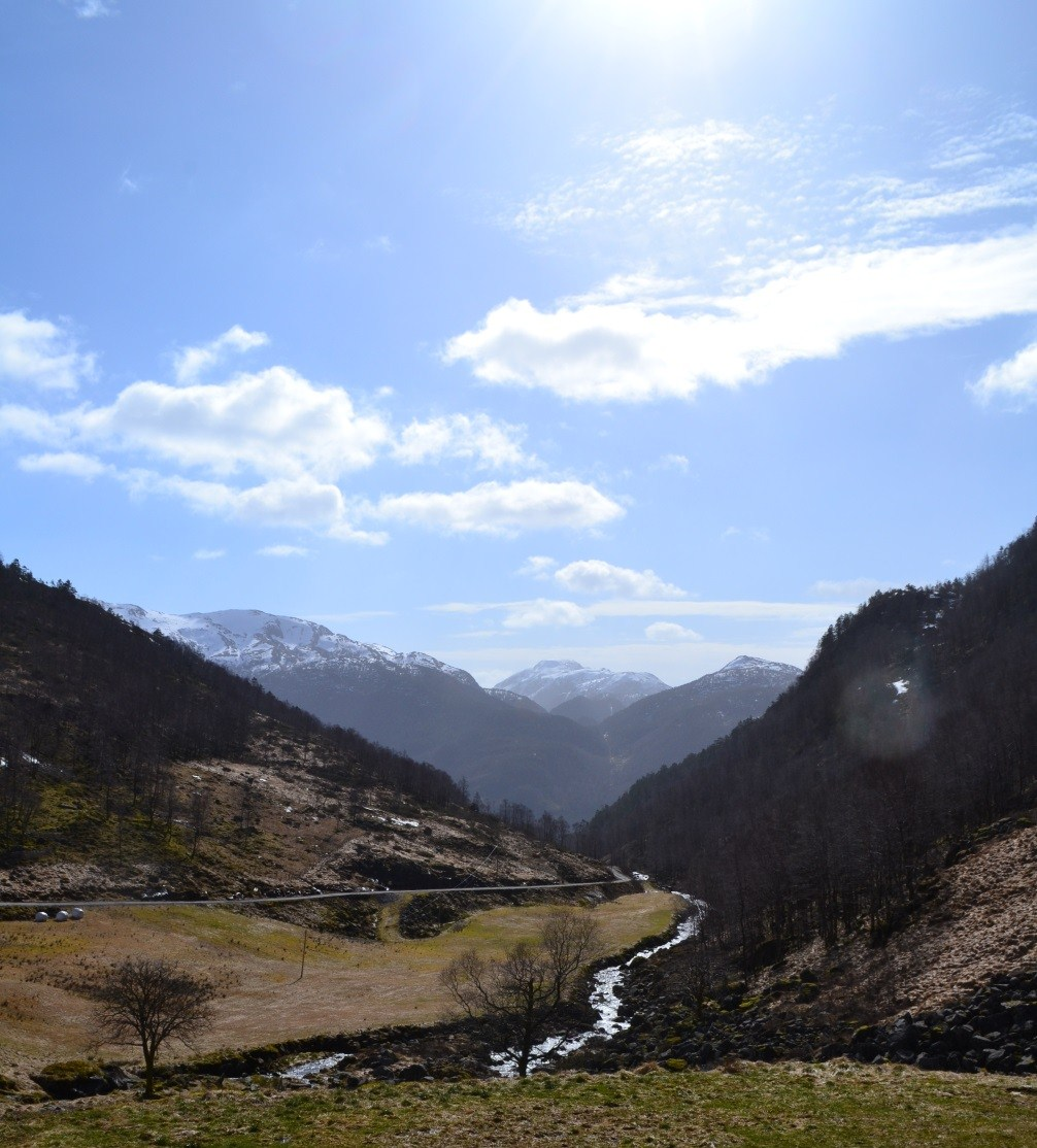 Fig. 3 Fossdalselva sett frå gardstunet på Fosse ned mot Masfjorden 08.04.15.