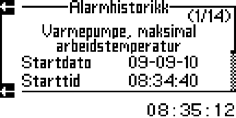 Feil 13 Feil Menyen Alarmer inneholder: Alarmlogg Alarmhistorikk Advarselslogg B Slett Advarselslogg og Alarmlogg når oppstarten er utført. 13.3 Eksempel på alarm: Når en alarm utløses, blir det vist en melding i displayet, og et varselsignal lyder.