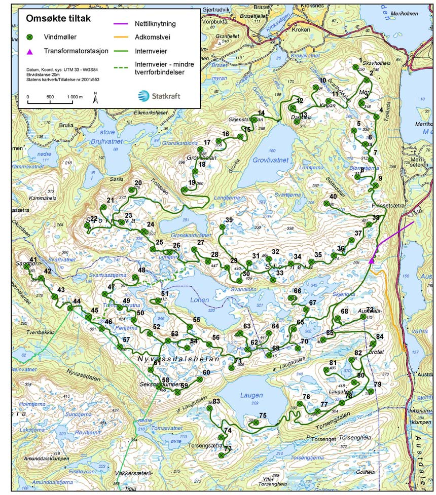 Storheia vindpark Utbyggingsplanene Figur 6.1 Versjon B1 små vindmøller Utbyggingsløsning med 2,3 MW vindmøller 6.1.3 Infrastruktur Adkomstveien inn til vindparkområdet er planlagt anlagt med en avkjøring fra riksvei 715 i området ved søndre Austdalsvatnet.