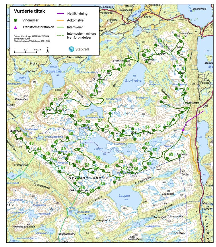 Andre vurderte utbyggingsløsninger Storheia vindpark Tabell 10.1 Andre konsekvensutredede versjoner ikke konsesjonssøkt Installert effekt Totalt installert Versjon Antall pr.