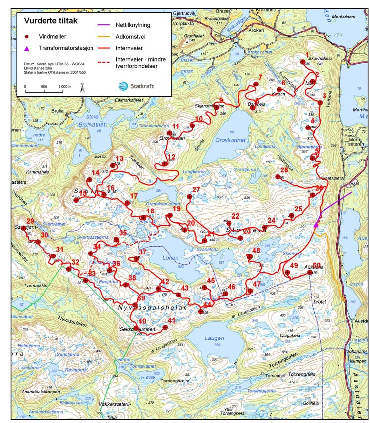 Storheia vindpark Andre vurderte utbyggingsløsninger Figur 10.3 Redusert utbyggingsløsning med 4,5 MW vindmøller ikke konsesjonssøkt 10.