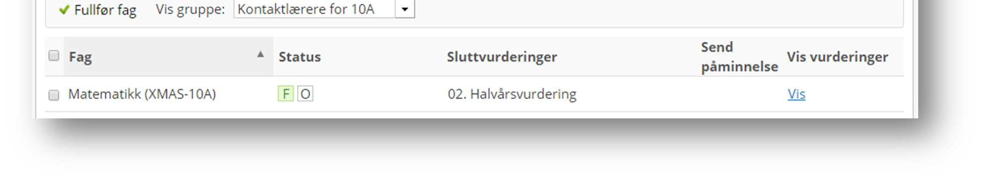status som vises over vurderingsoversikten: Statusen for faget blir da