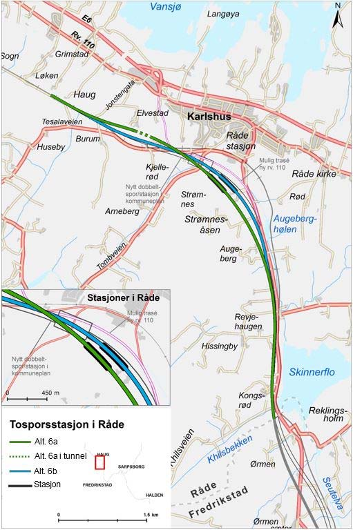 Figur 8: Alternativer i tillegg til forstudien Alternativ 6a ble utarbeidet med bakgrunn i maksimal hastighet på 250 km/t og målsetting om å plassere ny Råde stasjon så nær stasjonslokalisering i