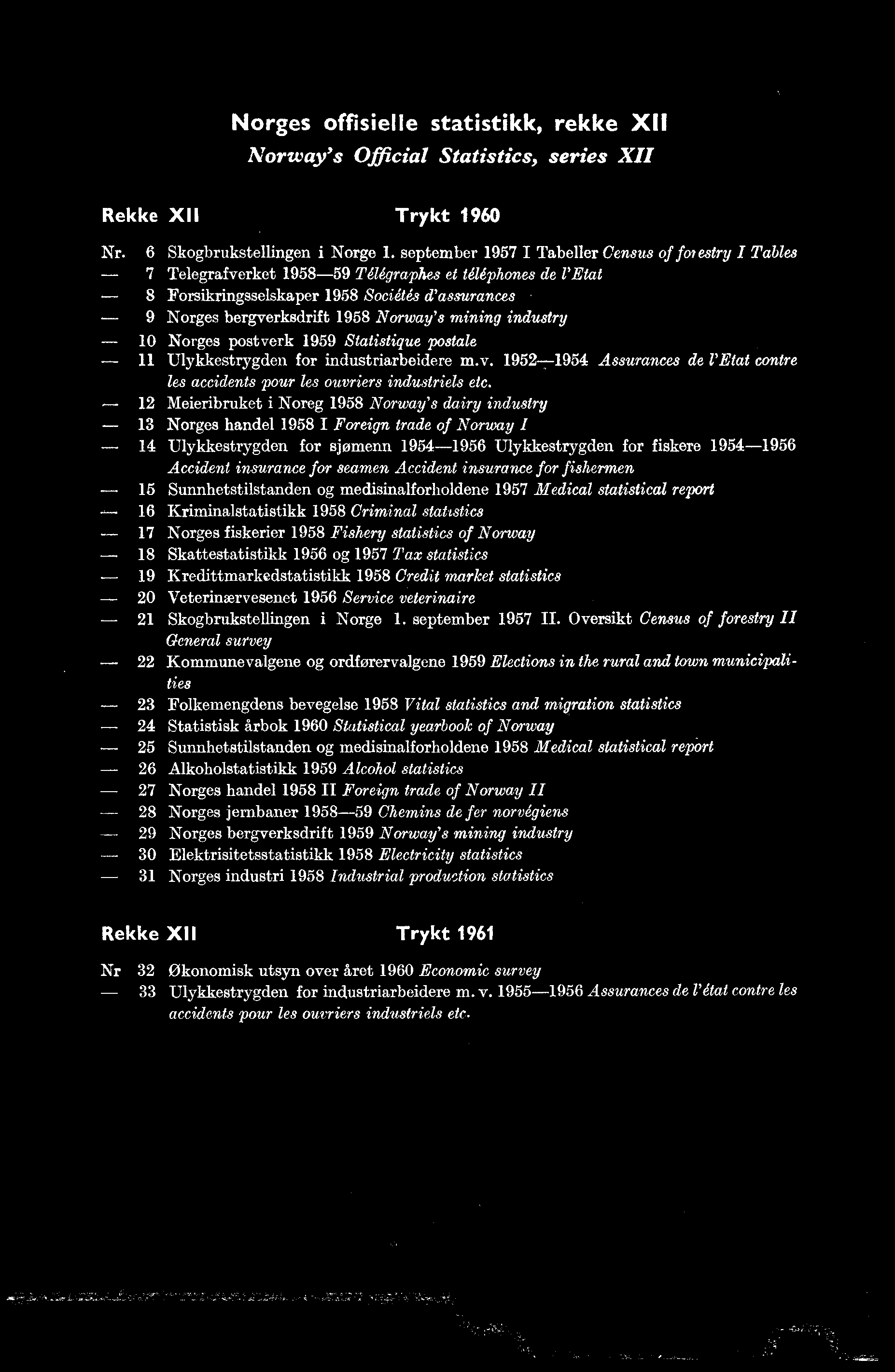 insurance for seamen Accident insurance for fishermen - 15 Sunnhetstilstanden og medisinalforholdene 1957 Medical statistical report 16 Kriminalstatistikk 1958 Criminal statistics - 17 orges