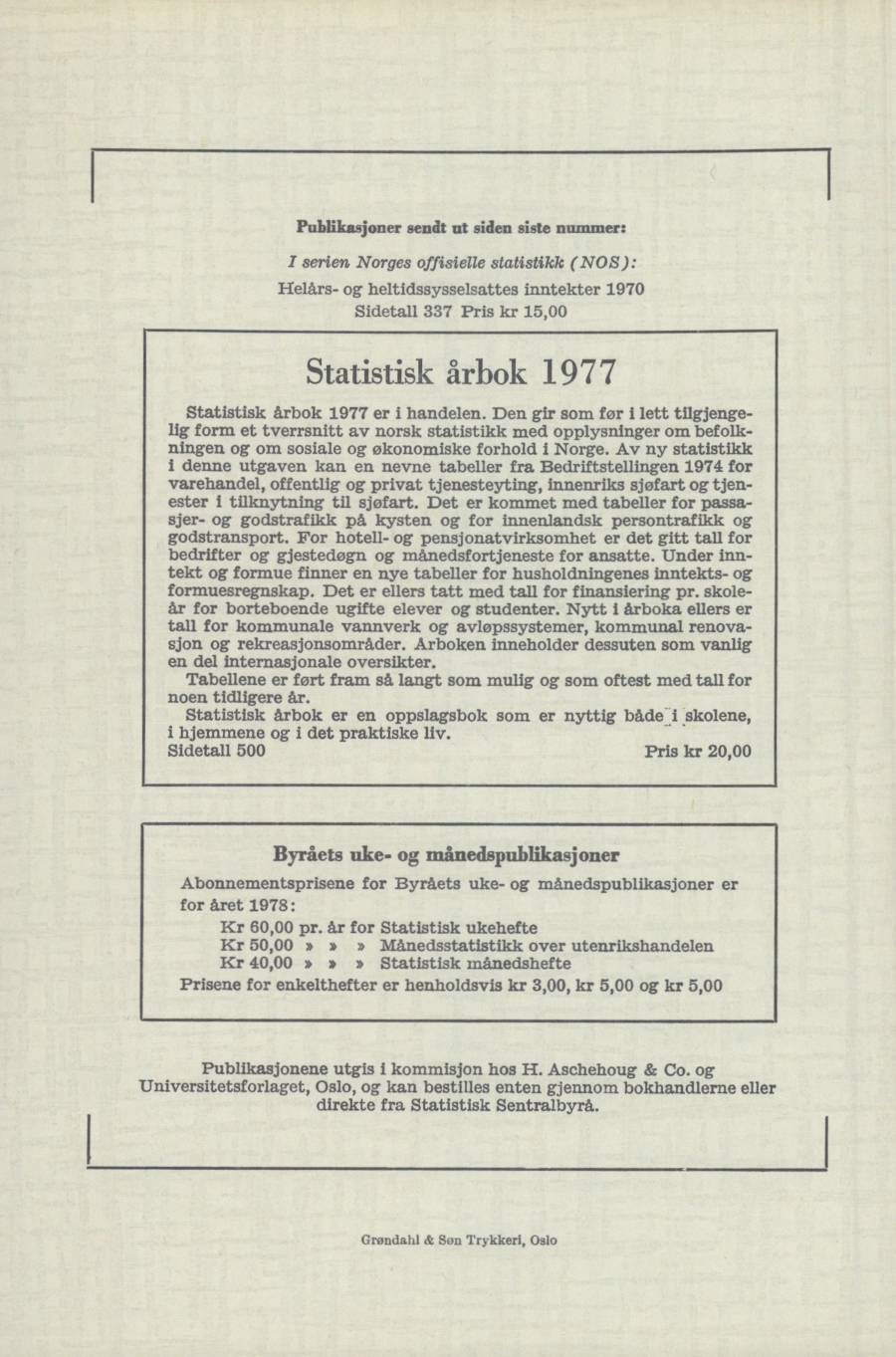 Publikasjoner sendt ut siden siste nummer: I serien Norges offisielle statistikk NOS): ( Helars- heltidssysselsattes inntekter 1970 Sidetall 337 Pris kr 15,00 Statistisk årbok 1977 Statistisk årbok