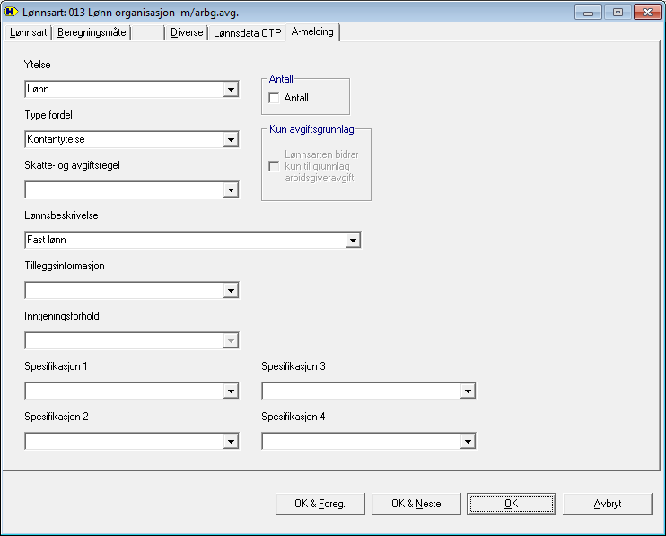 side 4 Skillekortet A-melding Der skal det på Ytelse velges Lønn. På Type fordel velges Kontantytelse og på Lønnsbeskrivelse skal det være valgt Fast lønn evt.