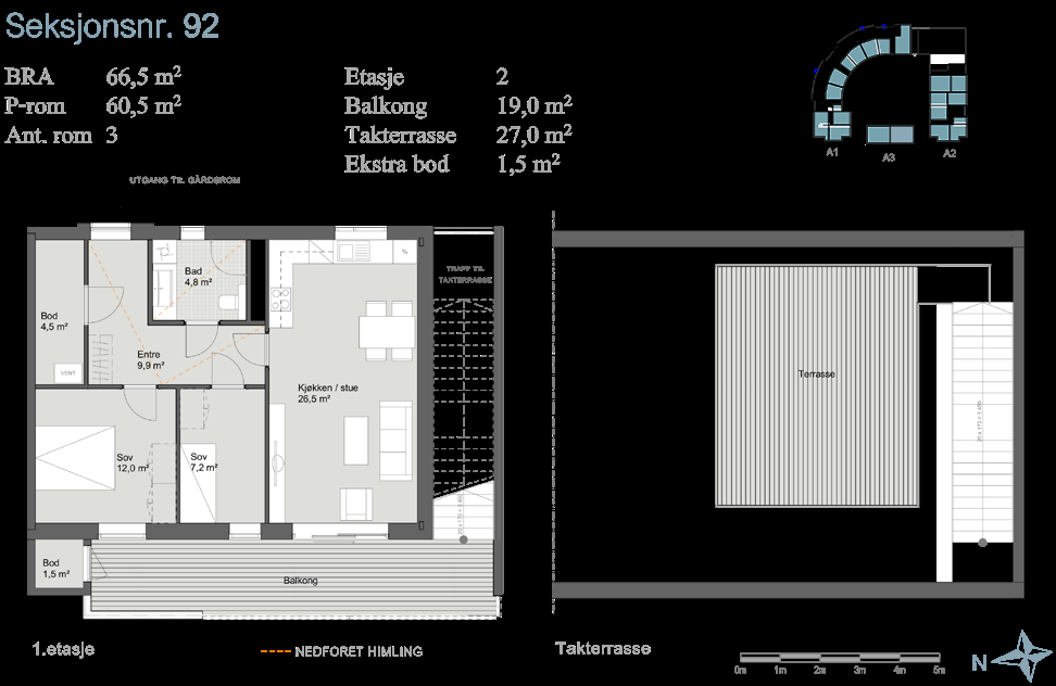7,0 m² 7,0 m² BRA: 66.5 m 2 TRAPP TIL P-rom: 60.5 m 2 Terrasse 1,5 m² TAKTERRASSE Etasje 2 SEKSJOSR. 92 : 19.0 m 19,0 m 2 Takterrasse: 2 27.