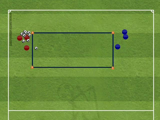 Egentrening / Smågruppeøvelse Møte med rettvendt 1A Banestørrelse 20x10 meter. Rød spiller (1F) slår ballen over til blå spiller (1A). Deretter rykker forsvareren etter ballen.