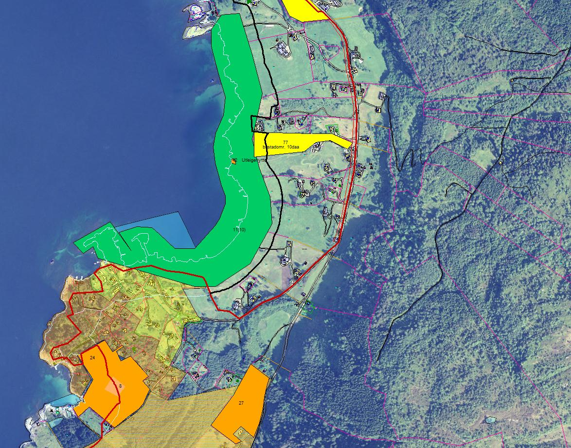 Skjørsand Hytte 42 Bustad 77 Friluftsområde 11(10) Bustadområdei eksisterande plan Fritidsbygg i eksisterande plan Hytte 24 og 8 Hytte 27 LNF område med spreidd fritidsbygg i eksisterande plan