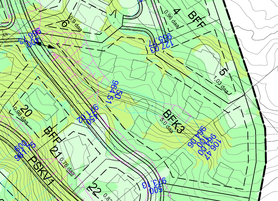 14 Fig 11: Område BFK3 vist på helningskartet illustrert med mulig bebyggelse og atkomstløsning inne i feltet. Planen legger til rette for utbygging av 38 tomter for frittliggende fritidsbebyggelse.