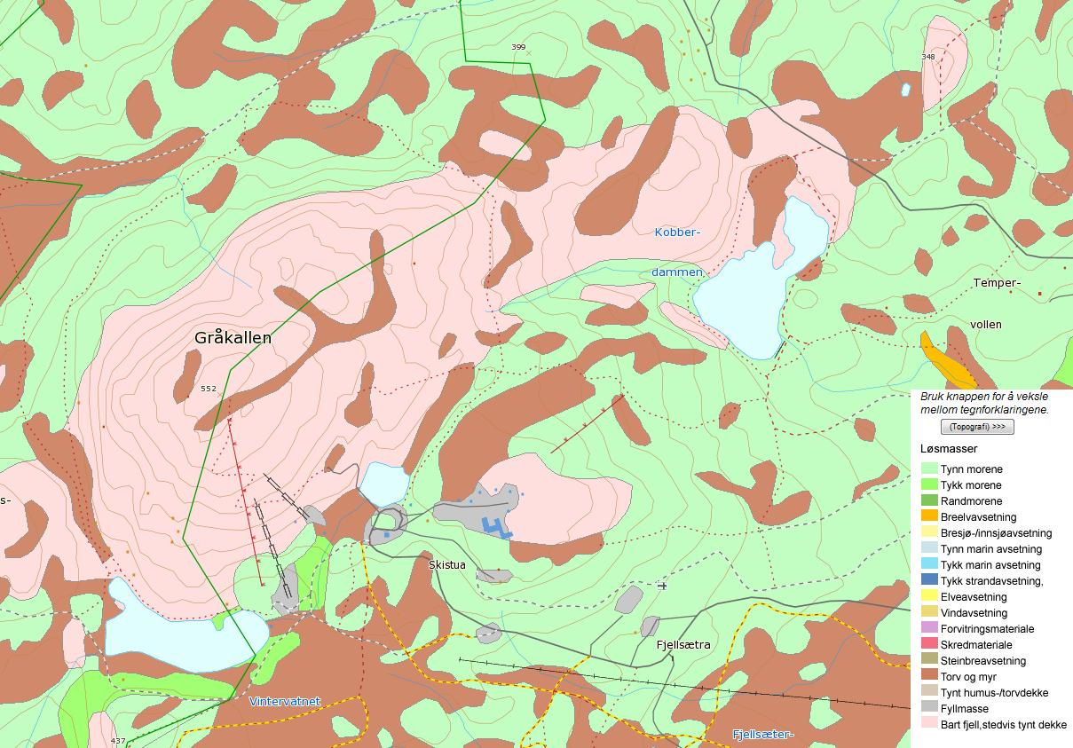 3 Grunnforhold 3.1 LØSMASSER NGU sitt løsmassekart over området er vist i Figur 3. Store deler av området er ifølge kartet dekket av bart fjell og tynne moreneavsetninger.