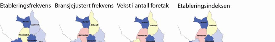 Kart over kommunene Figur 33: Kart med kommunenes rangering etter ulike indikatorer for etablering i perioden 2004-2008. Fargene angir kommunens rangering i forhold til de andre kommunene i Norge.