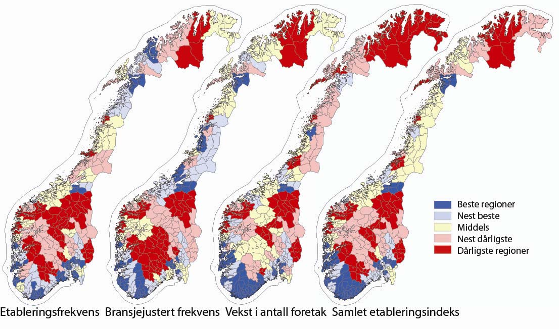 Kart over regionene Figur 35: Kart med regionenes rangering etter ulike indikatorer for nyetablering. Fargene angir regionenes rangering. Kartene over viser tre ulike indikatorer for nyetableringer.