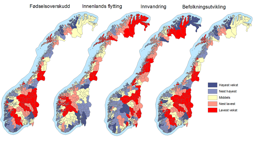 Kart over regioner Figur 5: Kart over befolkningsendringer i 83 regioner i Norge i perioden 2005-2008, netto endringer i fødselsoversudd, innenlands flytting, innvandring og befolkningsvekst i