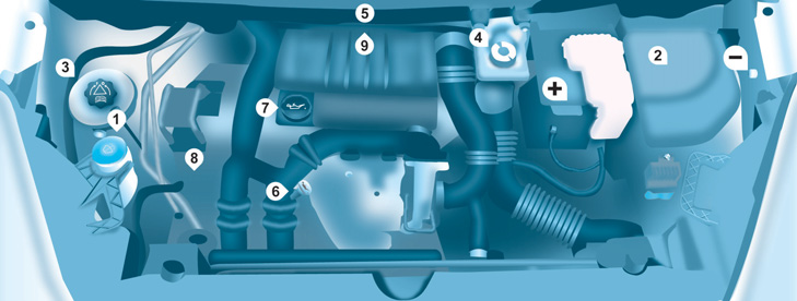 Motorrommet 108 DIESELMOTOR Vær forsiktig når du foretar inngrep i motorrommet. 1. Beholder for spylervæske foran. 2. Sikringsboks. 3. Beholder for motorkjølevæske. 4.