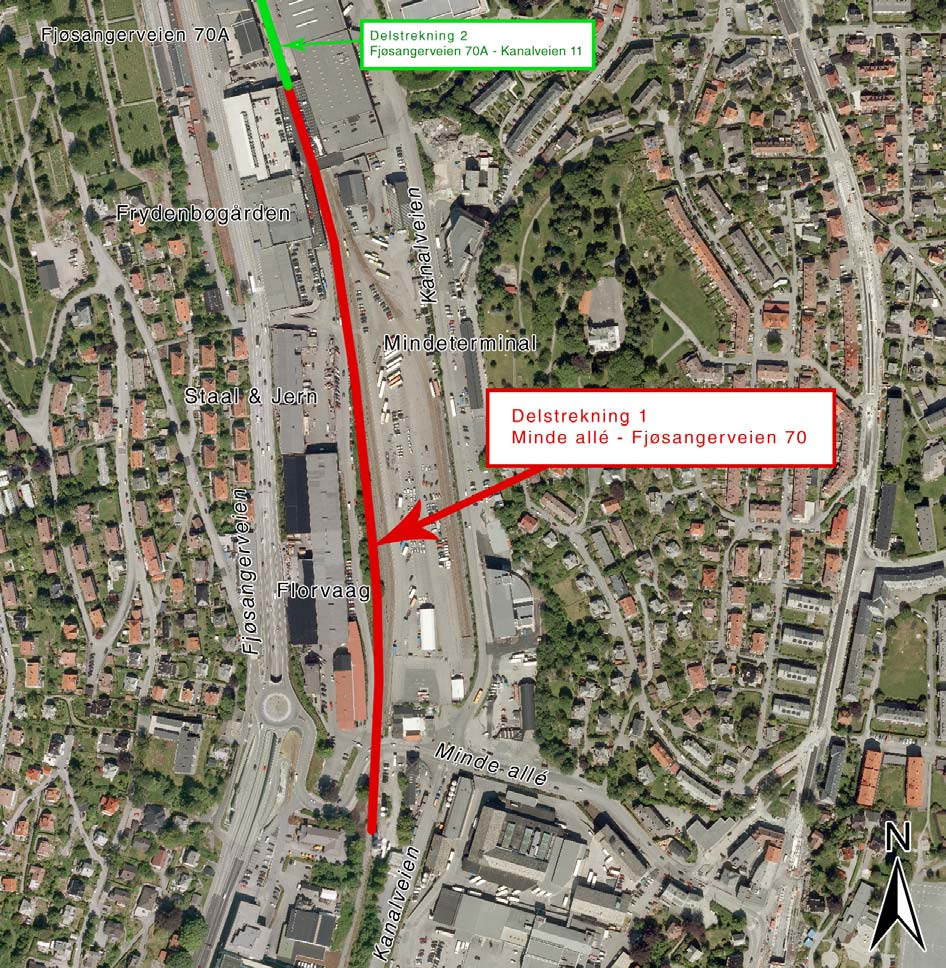 5.1.1 Dalstrekning 1: Minde allé Fjøsangerveien 70A Figur 33: Ortofoto over delstrekning 1. Mellom Minde allé Fjøsangerveien 70A.