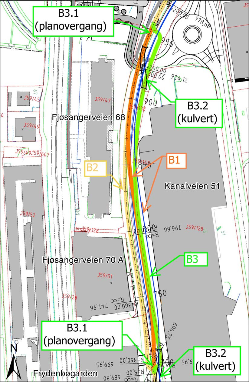 På strekningen mellom Fjøsangerveien 70A og Kanalveien 11 (Gasservice) er flere