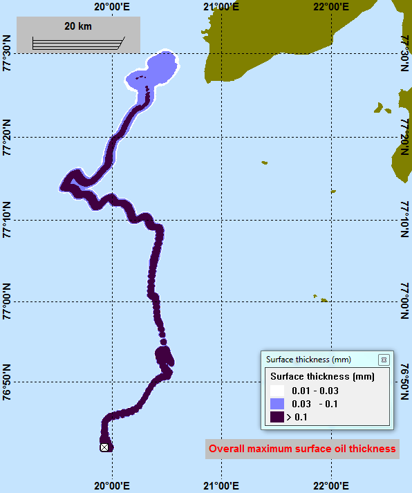 Figur 8.4 Scenario 5 - Kollisjon mellom fryseskip og drivis sør for Egdeøya. Påvirket areal > 0,01 mm. Høyre stolpe: Marine Diesel. Venstre stolpe: Bunkersolje (IFO-180LS).