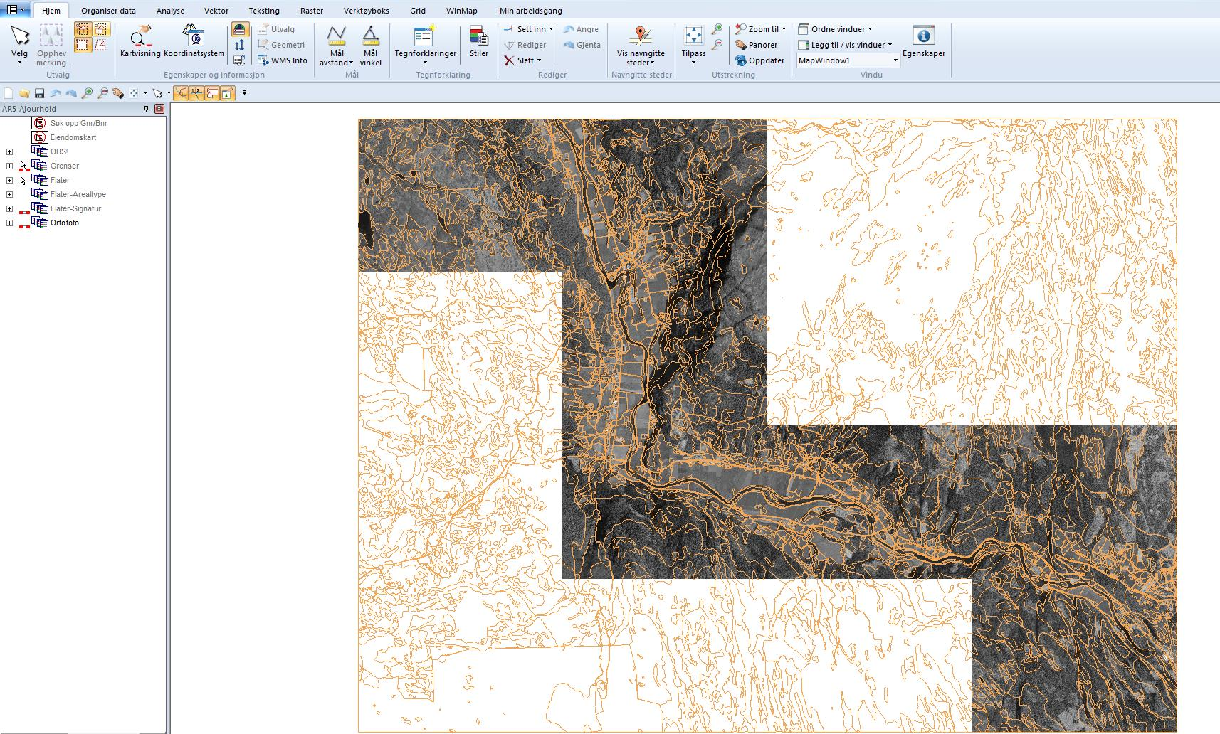 Oppgave 2 Rette kombinasjonsfeil Åpne prosjektfil AR5_Prosjekt.gws i WinMap. Zoom til hele kartet med knapp fra meny Hjem. Dette skjermbildet skal komme opp.