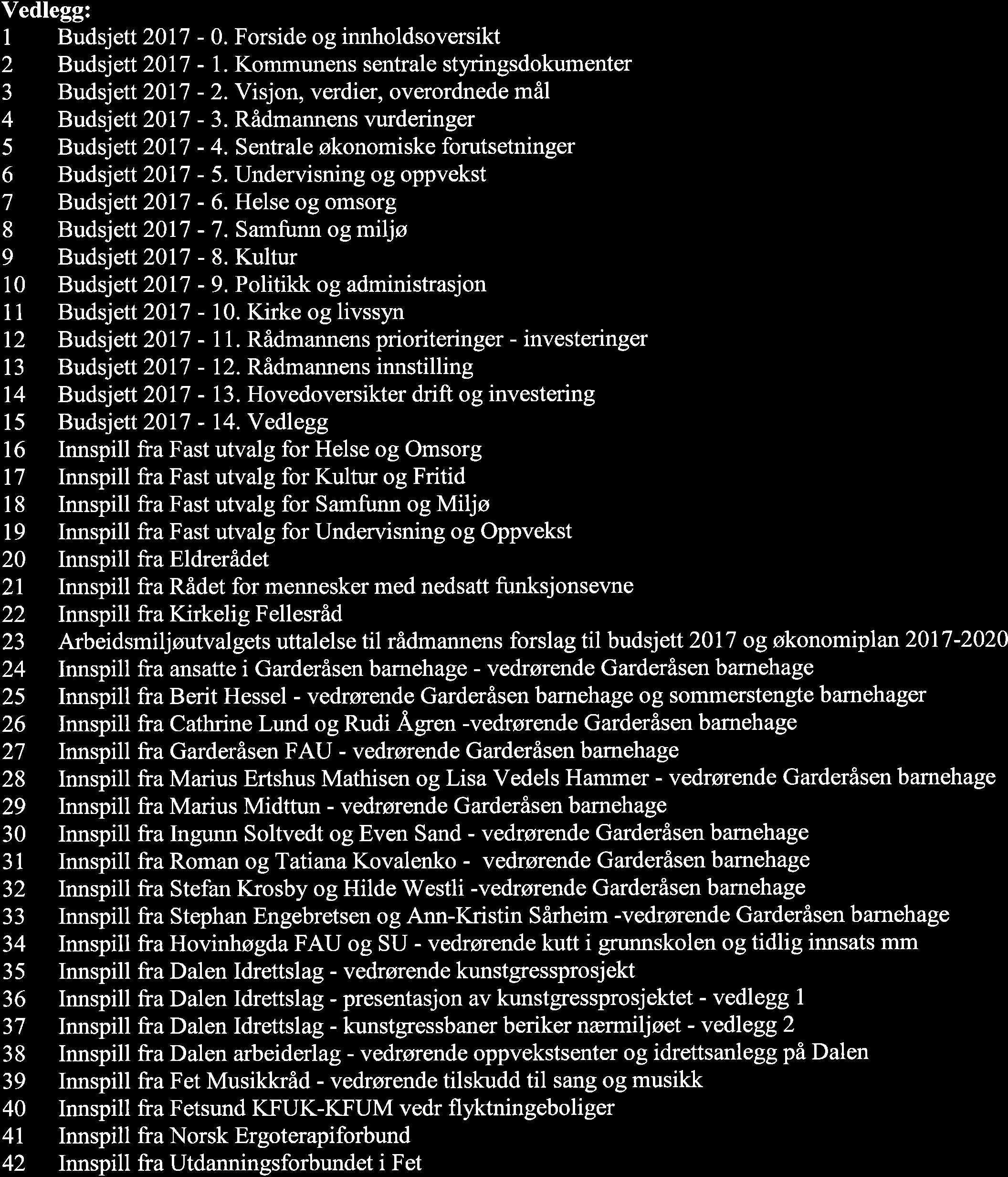 Vedlegg: 1 Budsjett2}lT - 0. Forside og innholdsoversikt 2 Budsjett 2017-1. Kommunens sentrale styringsdokumenter 3 Budsjett20l7-2. Visjon, verdier, overordnede mål 4 Budsjett 2017-3.