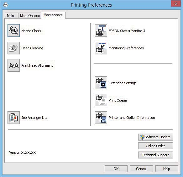 Nettverkstjeneste og programvareinformasjon Kategorien Vedlikehold Du kan utføre vedlikeholdsfunksjoner, slik som dysekontroll og rengjøring av skriverhodet, og hvis du starter EPSON Status Monitor 3