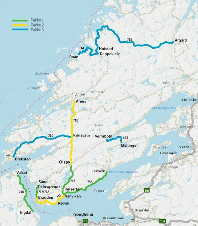 Fylkesvegprosjekt store prosjekt Fosenpakken: Fv. 710 Brekstad-Krinsvatn (ca. 6 km ny veg fordelt på 3 parseller) Entreprisekostnad i størrelsesorden 75-100 mill. inkl. mva. Vinter 2017 Fv.
