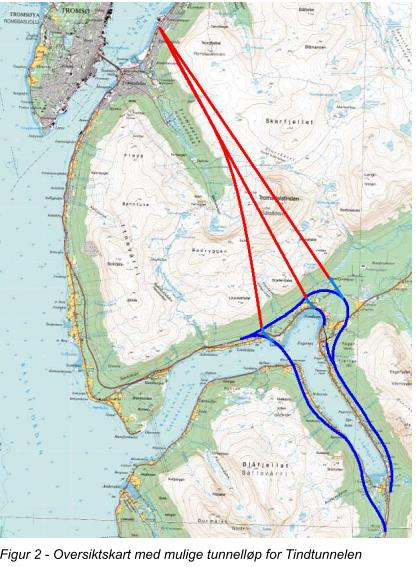 E8 i Ramfjorden Rødt- mulige alternativer for Tindtunnelen (et forkasta prosjekt ikke i NTP) Blå farge mulige traseer for omlegging av E8 i