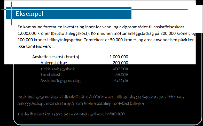 Som hovedregel skal tomteutgifter utelates fra avskrivningsgrunnlaget i selvkostkalkylen. Enkelte typer arealanvendelse vil imidlertid åpenbart påvirke arealets verdi.