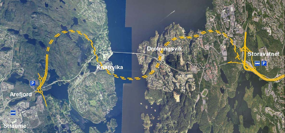 Prinsipp 2; Nytt samband i dagens korridor Arefjord Storavatnet Aktuelle alternativ Alt D8 undersjøisk tunnel Ny undersjøisk tunnel Arefjord Storavatnet med lengde ca 5,8 km Høgdeskilnad 200 m