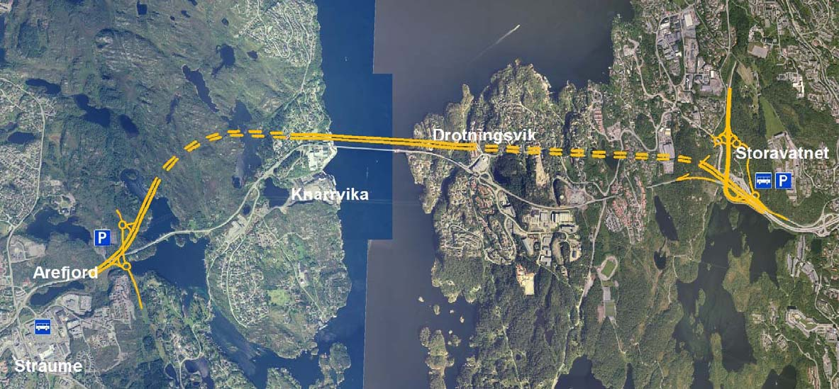 Prinsipp 2; Nytt samband i dagens korridor Arefjord Storavatnet Aktuelle alternativ Alt C8 bru like nord for dagens bru tunnel på begge sider av sundet Ny 4 felts bru med g/s-veg over sundet.