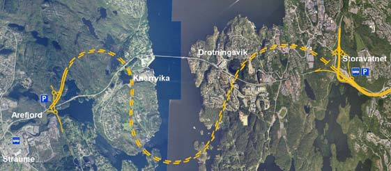 Prinsipp 2; Nytt samband i dagens korridor Arefjord Storavatnet Ikkje aktuelle traséalternativ for undersjøisk tunnel Alt D1 undersjøisk