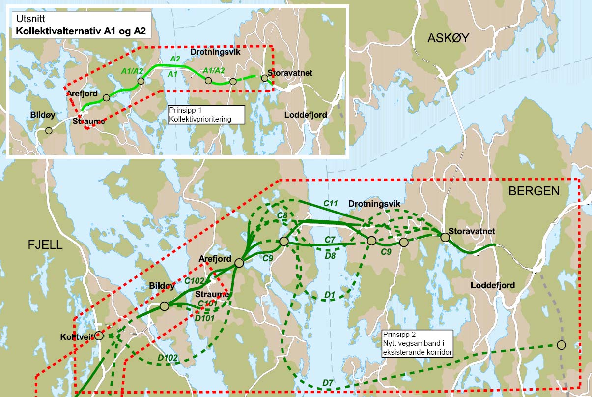 Alternativ i dagens korridor Prinsipp 1: Kollektivprioriteringutan auka vegkapasitet Alt A1, A2 Prinsipp 2: Nytt samband i eksisterande korridor Parsell Kolltveit