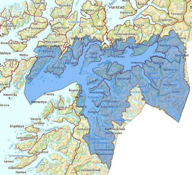 Vannområde Ofoten Lødingen, Tjeldsund, Ballangen, Evenes, Narvik, Tysfjord og Hadsel 431 vannforekomster Påvirkninger fra VA sektoren: Elver 19