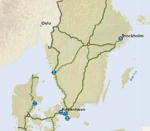 Figur 24 Internasjonale godsforbindelser (Official Journal of the European Union, 2013) I enkelte land i Europa kjøres det godstog med en maksimalhastighet på 120 km/h, og en del av vognmateriellet