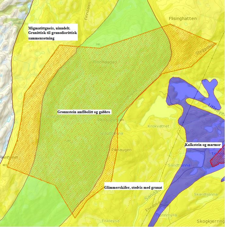 2.4 GEOLOGI I mesteparten av området består berggrunnen av amfibolitt og glimmerskifer.