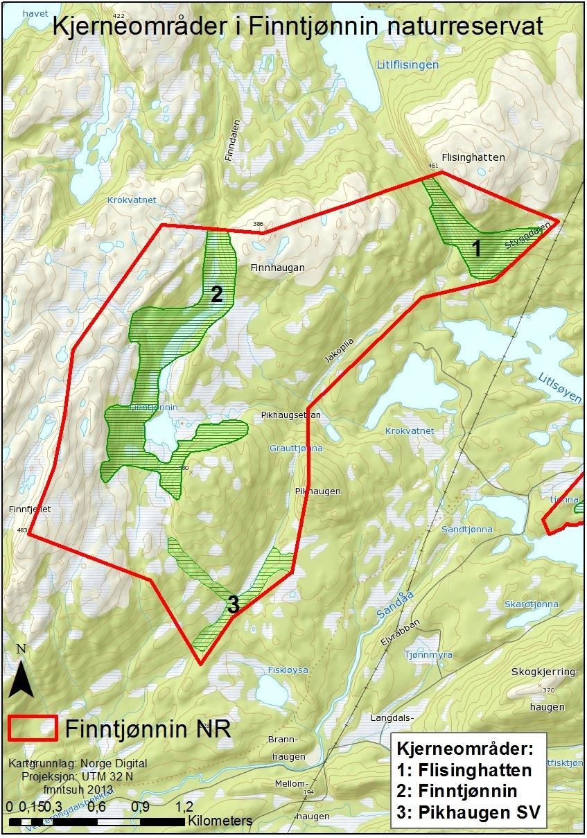 Figur 4: Kjerneområder i Finntjønnin naturreservat Rødlistearter Siste norske rødliste for arter ble offentliggjort i 2010 (Kålås et al.).