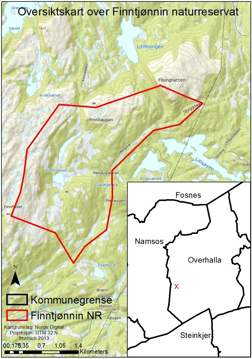 Figur 1: Oversiktskart over Finntjønnin Naturreservat 2.2 TILSTAND Det er få kjente tekniske inngrep i Finntjønnin naturreservat. Eneste bebyggelse er en hytte ved vannet Finntjønnin.