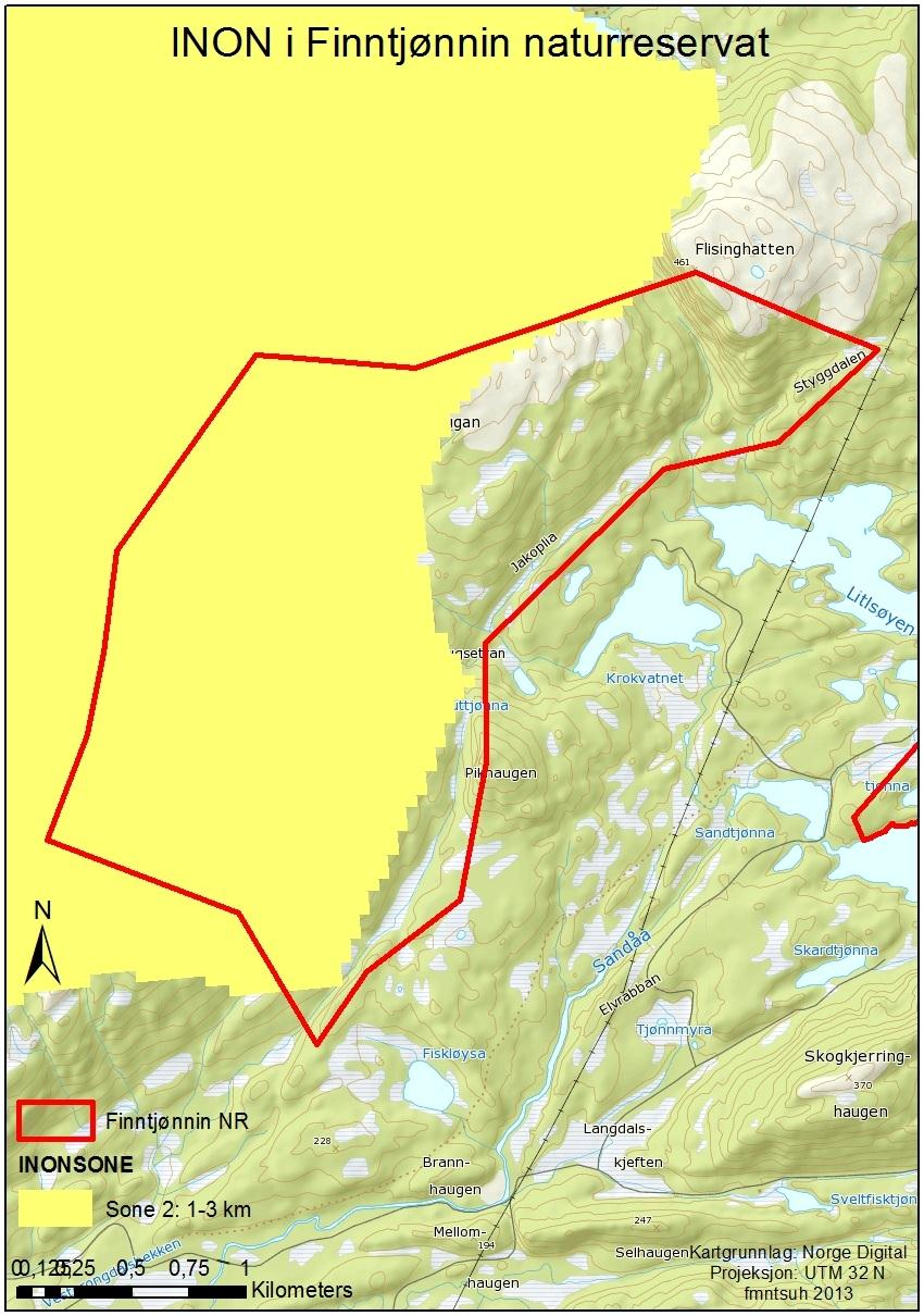 Figur 2: INON sone 2 i Finntjønnin naturreservat INON Inngrepsfrie naturområder i Norge (INON) er områder som ligger en kilometer eller mer i luftlinje fra tyngre, tekniske inngrep, som for eksempel