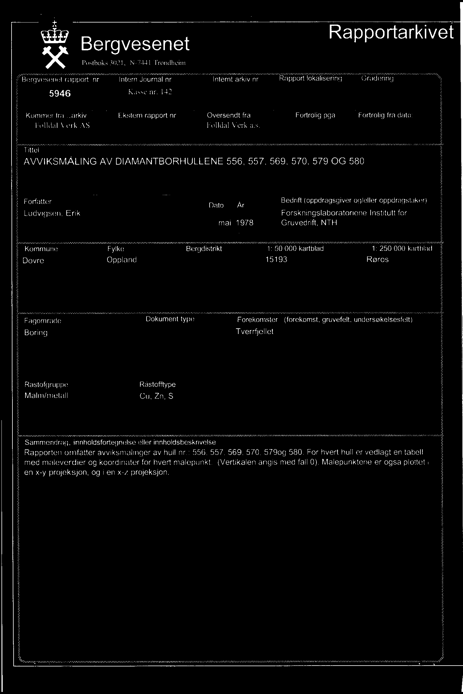 Fortroligpga Fortrolig fra dato: Tittel AWIKSMALING AV DIAMANTBORHULLENE 556, 557, 569, 570, 579 OG 580 Fortatter Ludvigsen, Erik Dato Ar mai 1978 ' Bedrift