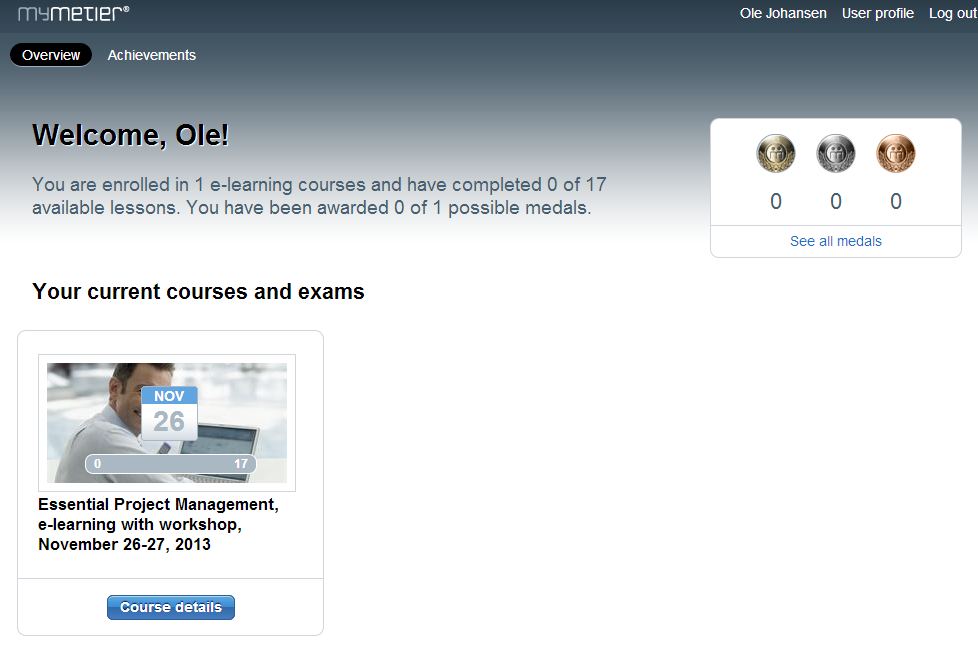 Ditt klasserom på nett, mymetier læringsportal Oversikt over antall leksjoner du har fullført og hvor mange medaljer du har oppnådd