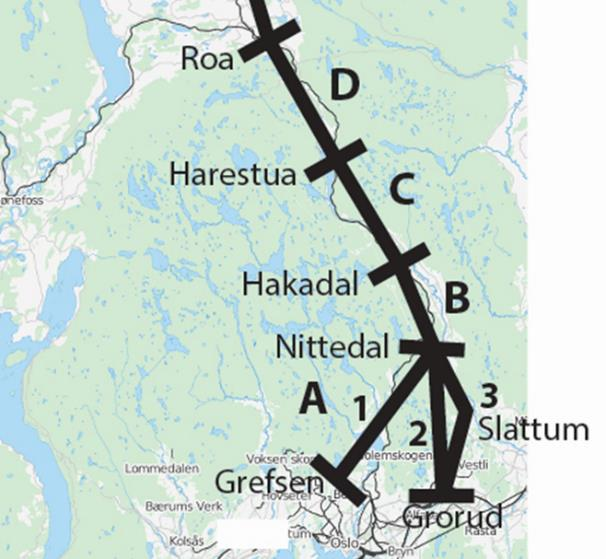 2. Alternativene Det er i konseptutviklingen sett på ulike alternative jernbanetraseer for strekningene Oslo-Jaren. Det er også gjort enkelte vurderinger på strekingen fra Jaren til Gjøvik.